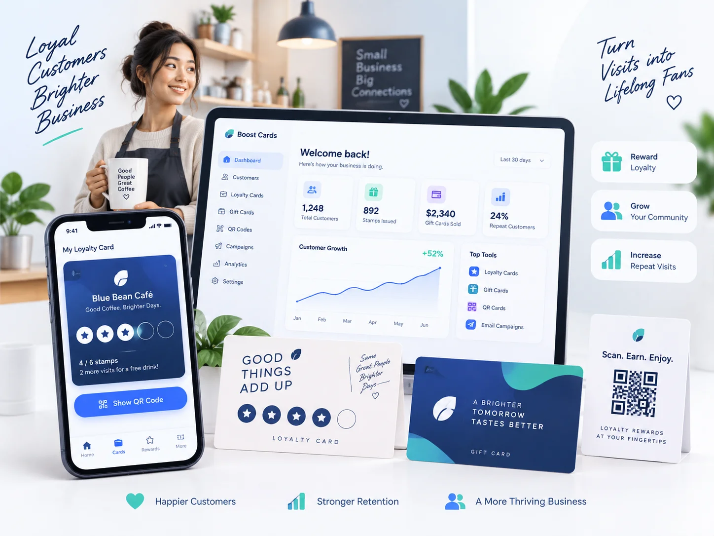 Illustration of a small-business loyalty platform with digital loyalty cards, gift cards, QR cards and a customer-retention dashboard.