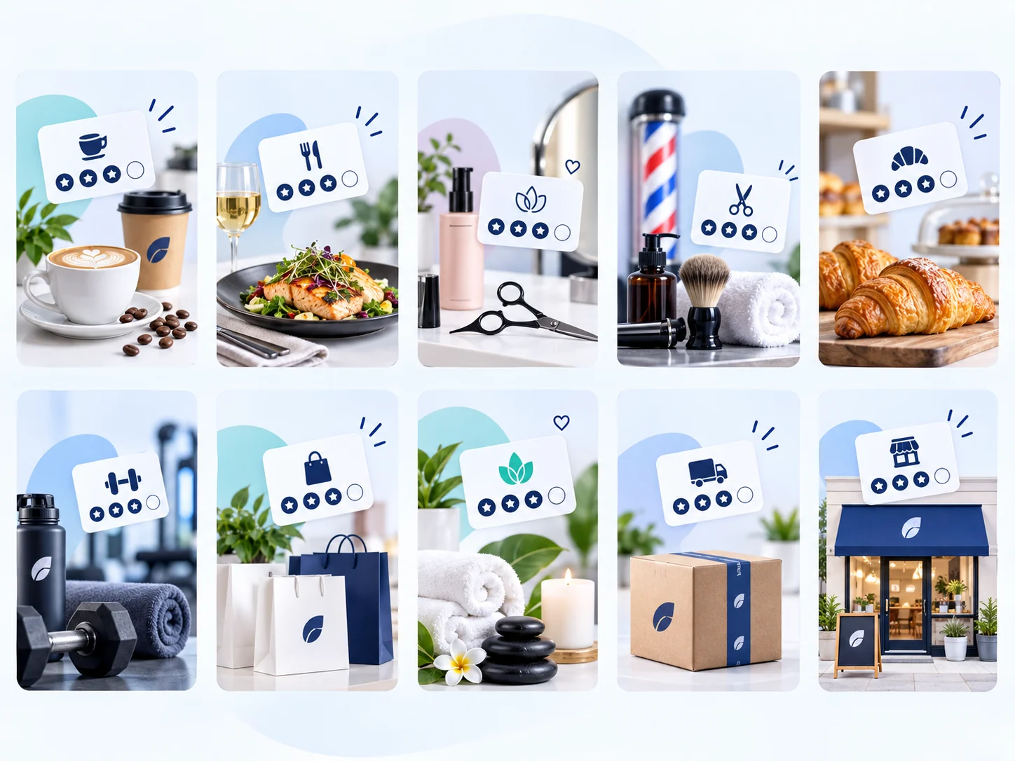 Loyalty card template examples for coffee shops, restaurants, salons, barbers, bakeries, gyms, spas, retail and ecommerce businesses